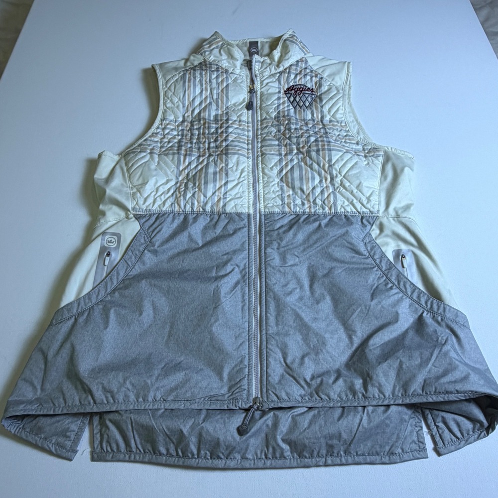 Peter Millar Lizzie Hybrid Vest Womens Large Cream Grey Plaid Texas A&M Aggies